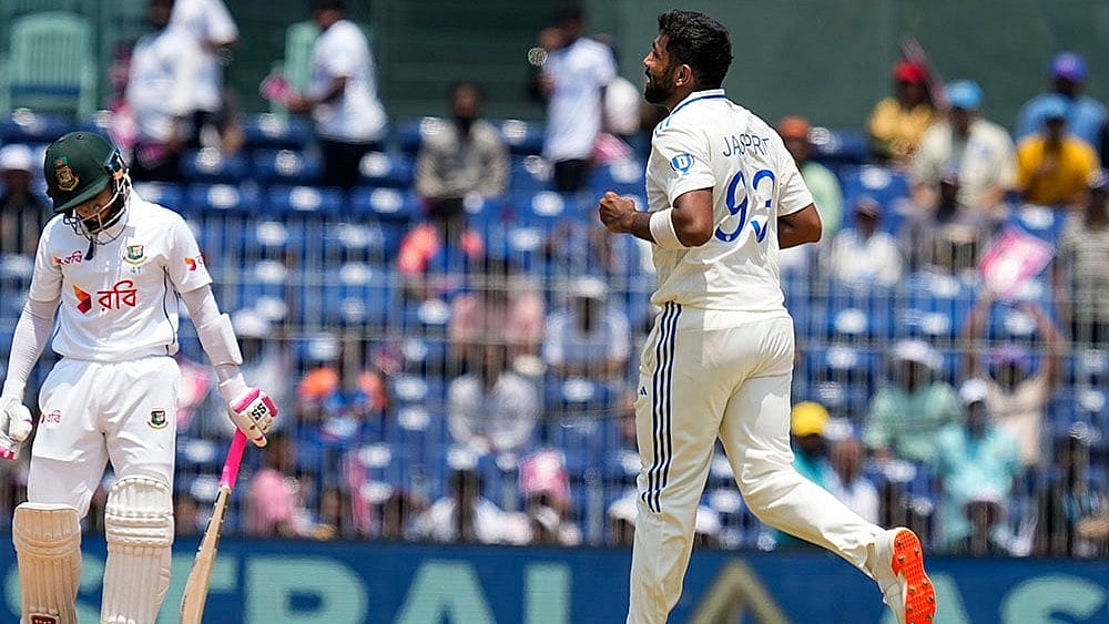 | Photo: PTI/R Senthilkumar : IND vs BAN, 1st Test Match-Day 2: Jasprit Bumrah celebrates the wicket of Bangladesh's Mushfiqur Rahim 