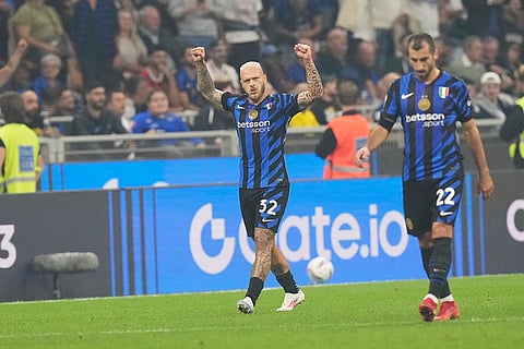 Serie A Soccer, Inter Milan Vs AC Milan: Inter Milan's Federico Dimarco celebrates after scoring his side's first goal