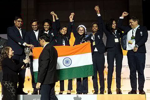 Chess Olympiad 2024, Women category: Team India pose during a victory ceremony