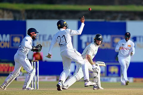 Sri Lanka vs New Zealand 1st Test: Sri Lanka's Kamindu Mendis celebrates after taking the catch of New Zealand's Glenn Phillips