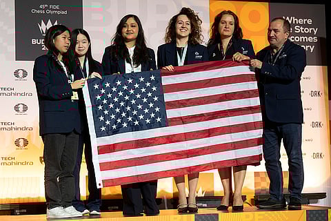 Chess Olympiad 2024: Third place of Women category team US. pose during a victory ceremony