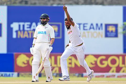 Sri Lanka vs New Zealand 1st Test: Sri Lanka's Prabath Jayasuriya, right, celebrates the wicket of New Zealand's Rachin Ravindra