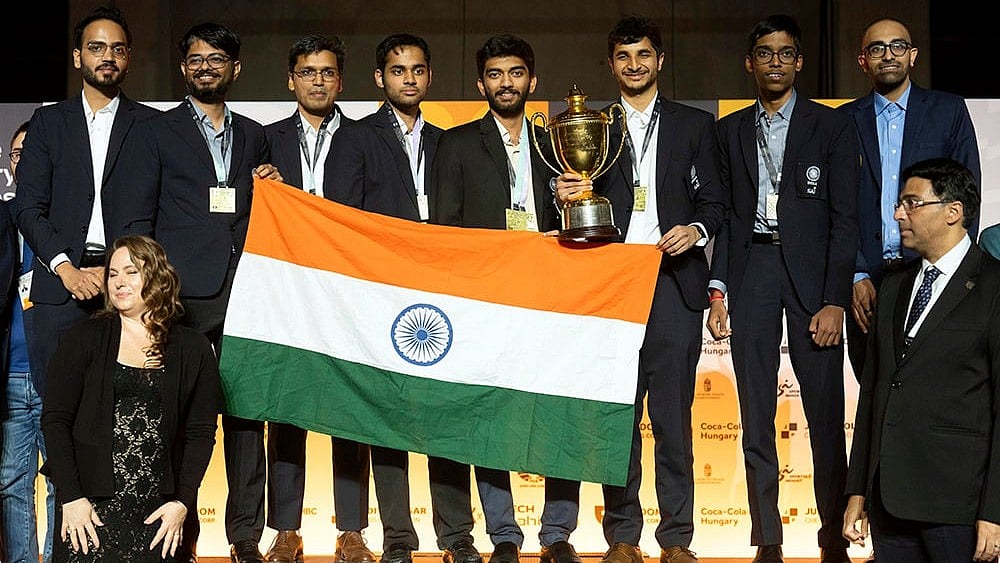 | Photo: AP/Denes Erdos : Chess Olympiad 2024, Open category: Winner of Open category team India pose during a victory ceremony