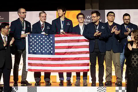 Chess Olympiad 2024: Second place of Open category team US. pose during a victory ceremony