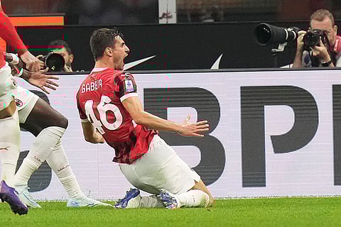 Serie A Soccer, Inter Milan Vs AC Milan: AC Milan's Matteo Gabbia celebrates after scoring his side's second goal