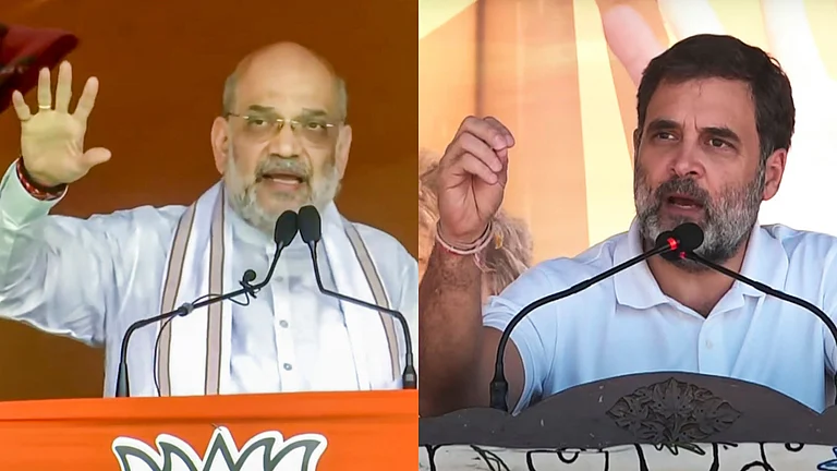 Amit Shah (L) and Rahul Gandhi (R) addressing rallies in J&K. - PTI