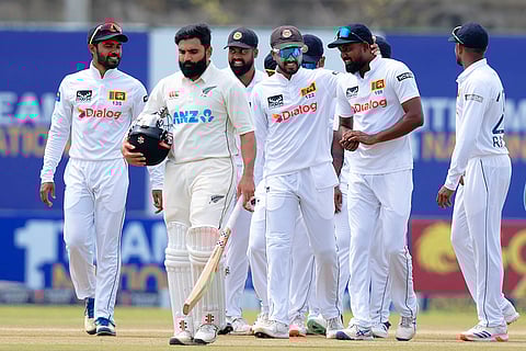 Sri Lanka vs New Zealand 1st Test: New Zealand's Ajaz Patel walks in front of Sri Lanka's players as they leave the field after Sri Lanka won the match