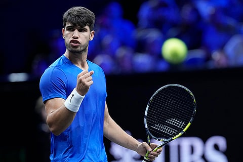 Laver Cup 2024, Team Europe vs Team World: Team Europe's Carlos Alcaraz reacts during his singles tennis match against Team World's Taylor Fritz