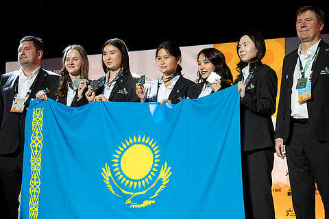 Chess Olympiad 2024: Second place of Women category team Kazakhstan pose during a victory ceremony