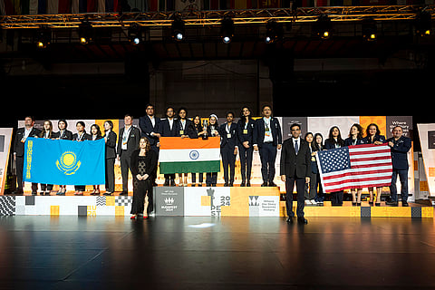 Chess Olympiad 2024: Second placed team Kazakhstan, left, winning team India, and third placed team US. of the Women category