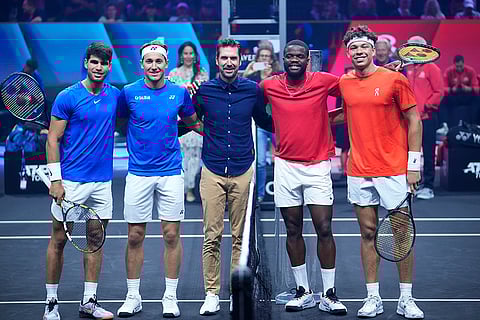 Laver Cup 2024, Team Europe vs Team World: Team World's Frances Tiafoe and Ben Shelton, right, Team Europe's Carlos Alcaraz, left, and Casper Ruuda, second left, pose for photo ahead their doubles match