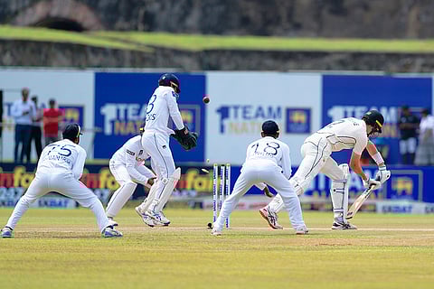 Sri Lanka vs New Zealand 1st Test: New Zealand's William O'Rourke, right, is bowled out by Sri Lanka's Prabath Jayasuriya
