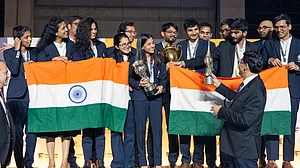 PTI : Indian teams at the presentation ceremony of the 45th Chess Olympiad in Budapest, Sunday, Sept. 22, 2024.