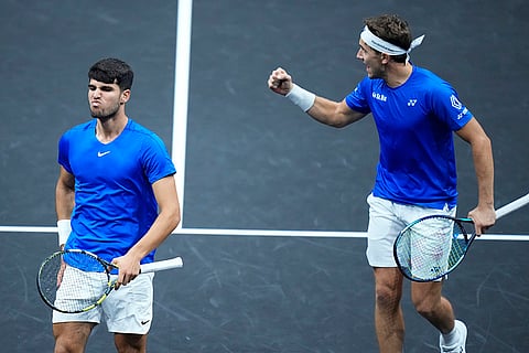 Laver Cup 2024, Team Europe vs Team World: Team Europe's Carlos Alcaraz, left, and Casper Ruud react after winning a point during their doubles match against Team World's Frances Tiafoe and Ben Shelton