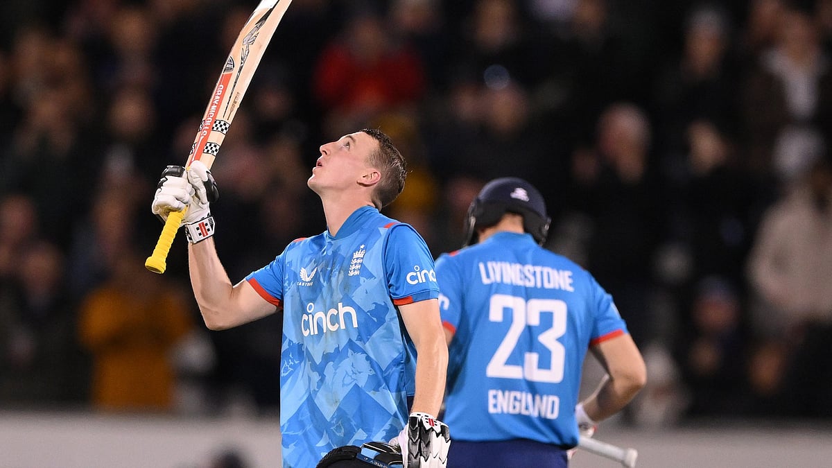 Harry Brook celebrates his maiden ODI ton