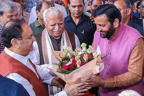 2024 Haryana Assembly polls: JP Nadda being greeted by Union Minister Manohar Lal Khattar and Haryana Chief Minister Nayab Singh Saini