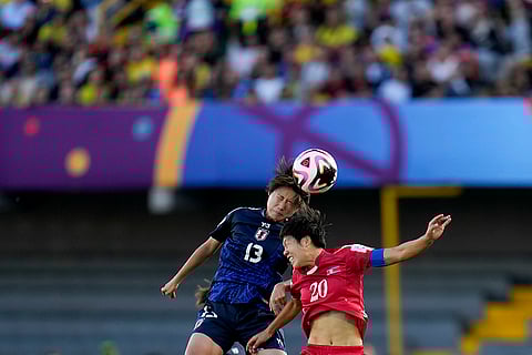 U-20 Women's World Cup, North Korean vs Japan: Japan's Maya Hijikata (13) and North Korea's Chae Un Yong go for a header