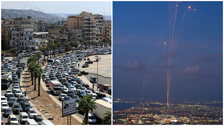 Cars sit in traffic as they flee the southern villages amid ongoing Israeli airstrikes, in Sidon, Lebanon, Monday, Sept. 23, 2024.
- AP