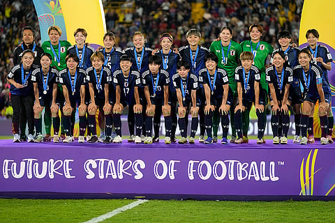 U-20 Women's World Cup, North Korean vs Japan: Japan's players pose for a picture at the podium with their the second-place medals