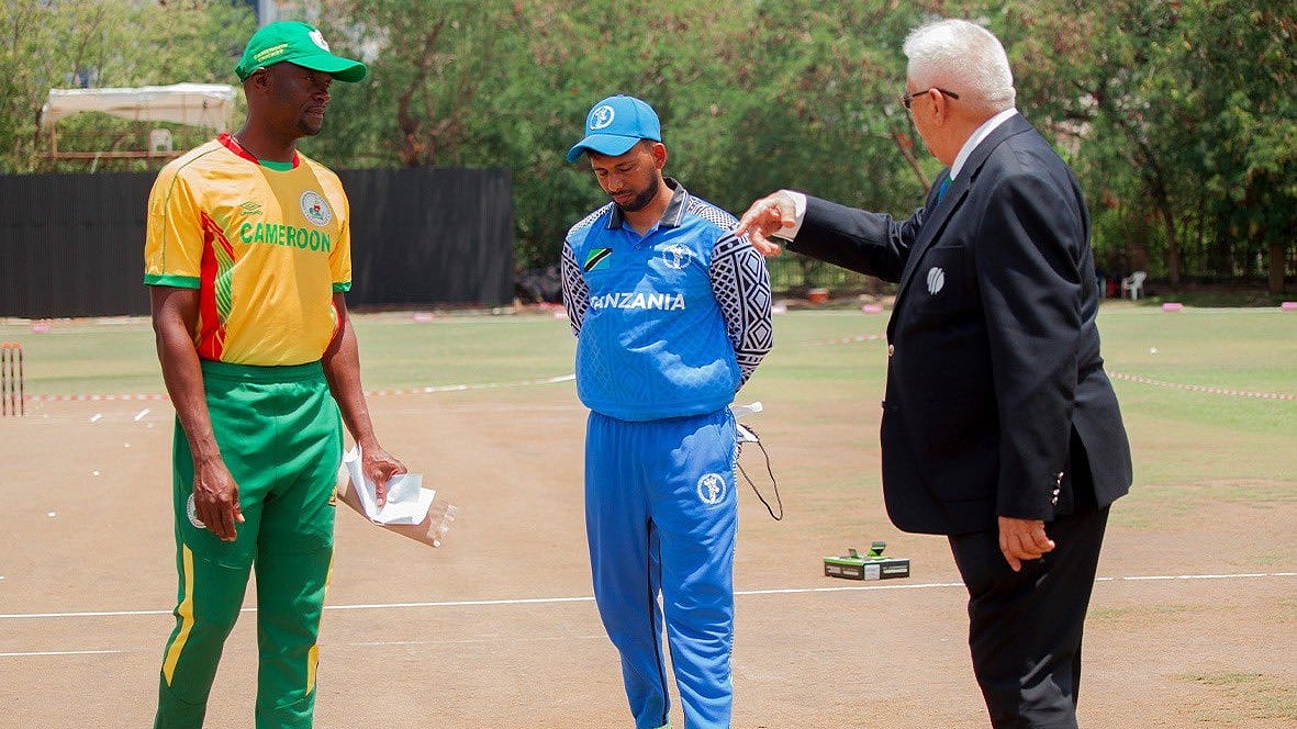X/Tanzania Cricket Association : Captains Faustin Mpegna (left) and Abhik Patwa at the toss for the Tanzania vs Cameroon match in Dar-es-Salaam on Tuesday (September 24, 2024).