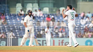 | Photo: AP/Mahesh Kumar A. : IND Vs BAN, 1st Test Day 2: Bangladesh's Taskin Ahmed celebrates the wicket of India's captain Rohit Sharma