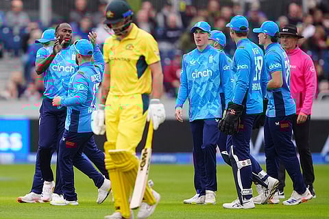 England vs Australia 3rd ODI: England's Jofra Archer, left, celebrates bowling out Australia's Matthew Short