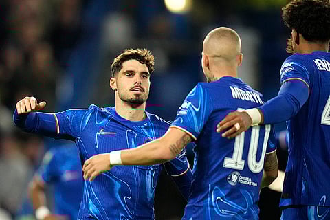 English League Cup, Chelsea vs Barrow: Chelsea's Pedro Neto, left, celebrates after scoring his side's fourth goal