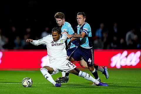 English League Cup, Aston Villa vs Wycombe: Aston Villa's Kadan Young, left, is tackled by Wycombe Wanderers' Josh Scowen
