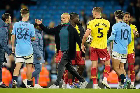 English League Cup, Manchester City vs Watford: Manchester City's head coach Pep Guardiola greets his players