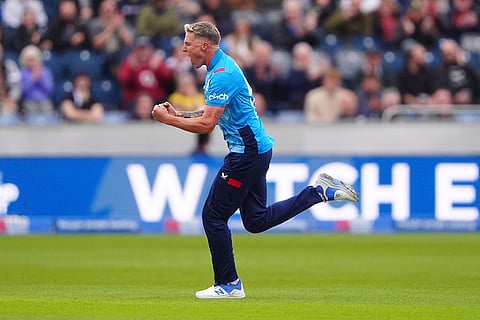England vs Australia 3rd ODI: England's Brydon Carse celebrates taking the wicket of Australia's Mitchell Marsh
