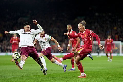 EFL Cup, Liverpool vs West Ham: Liverpool's Kostas Tsimikas attempts a shot at goal