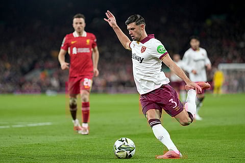EFL Cup, Liverpool vs West Ham: West Ham's Aaron Cresswell crosses the ball