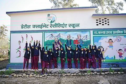 Students outside Dettol Climate Resilient School in Uttarakhand