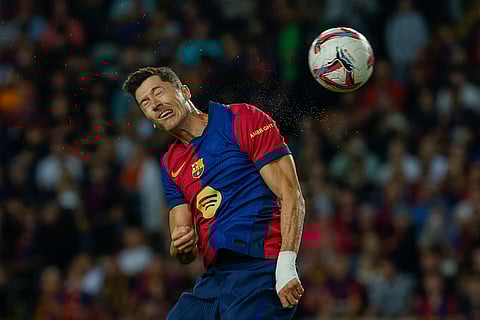 La Liga 2024-25, Barcelona vs Getafe: Barcelona's Robert Lewandowski heads the ball