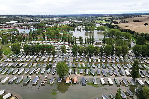 Britain Weather: Floodwater around properties at Billing Aquadrome holiday park