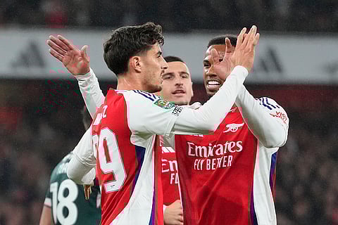 EFL Cup, Arsenal vs Bolton Wanderers: Arsenal's Kai Havertz, left, celebrates after scored his side's the fifth goal