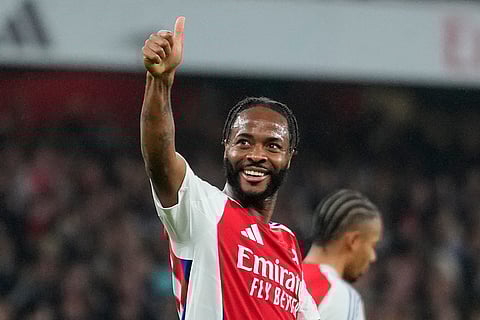 EFL Cup, Arsenal vs Bolton Wanderers: Arsenal's Raheem Sterling celebrates after scored his side's the fourth goal