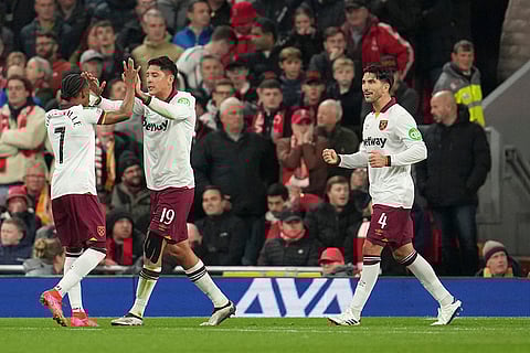 EFL Cup, Liverpool vs West Ham: West Ham players celebrate after scoring the opening goal