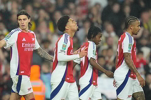EFL Cup, Arsenal vs Bolton Wanderers: Arsenal's Ethan Nwaneri, second left, celebrates after scored his side's the third goal
