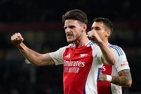 EFL Cup, Arsenal vs Bolton Wanderers: Arsenal's Declan Rice, left, celebrates after scores his side's first goal