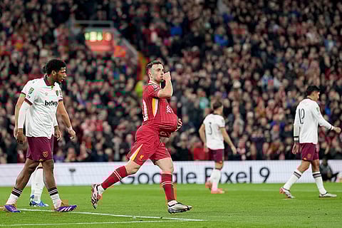 EFL Cup, Liverpool vs West Ham: Liverpool's Diogo Jota celebrates after scoring his side's first goal