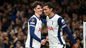 Johnson (right) and Gray celebrate Spurs' opener.