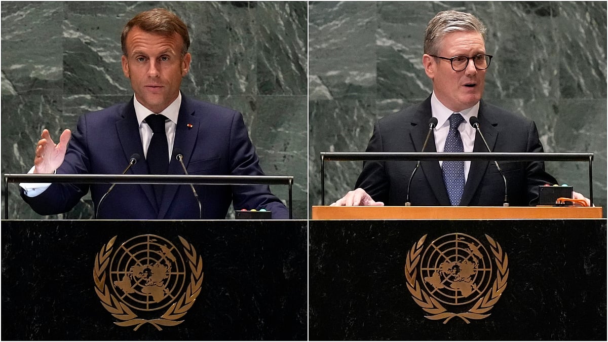 AP : French President Emmanuel Macron (L) and British PM Keir Starmer (R) at the UNGA in New York | 