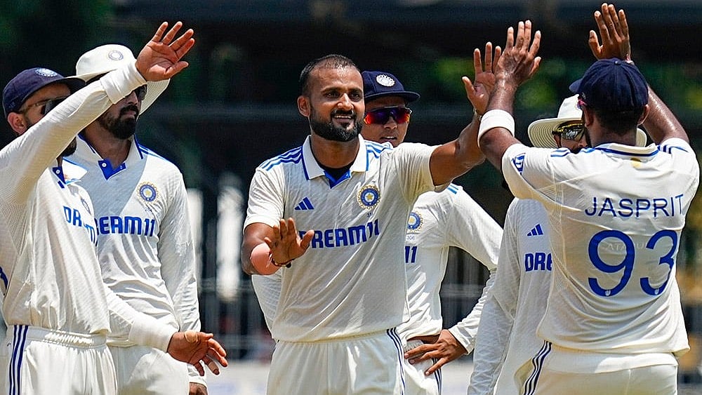 Akash Deep celebrates after taking the wicket of Bangladeshs Zakir Hasan