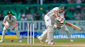 PTI Photo/Vijay Verma : Bangladesh captain Najmul Hossain Shanto plays a shot during the first day of the second test cricket match between India and Bangladesh, at Green Park stadium in Kanpur.