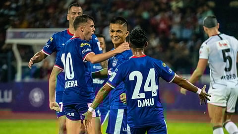 BFC skipper Sunil Chhetri (c) celebrates the goal with his teammates.