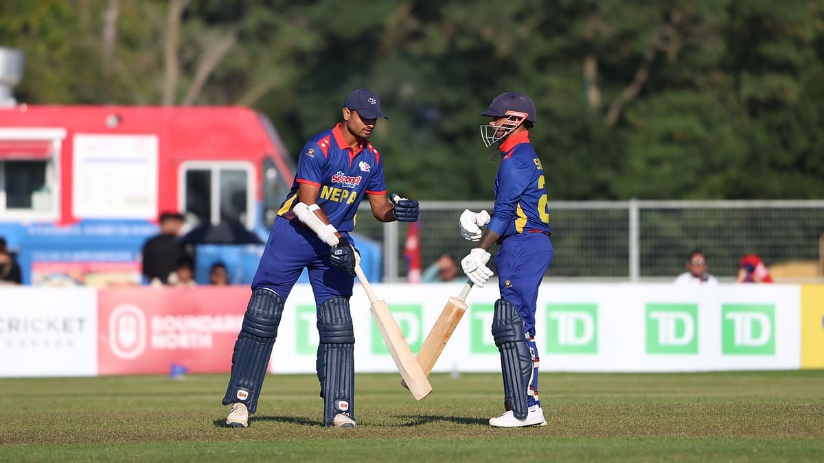 X/CricketNep : File photo of Sandeep Lamichhane and Gulsan Jha batting for Nepal against Canada in a Cricket World Cup League Two match.
