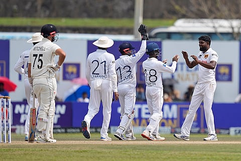 Sri Lanka Vs New Zealand 2nd Test: Sri Lanka's Prabath Jayasuriya celebrates the wicket of New Zealand's Daryl Mitchell