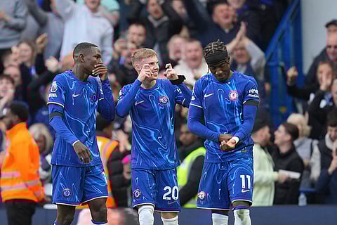 English Premier League 2024-25, Chelsea vs Brighton: Chelsea's Cole Palmer, center, celebrates after scoring a goal