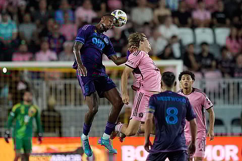 MLS, Inter Miami vs Charlotte FC: Charlotte FC forward Iuri Tavares (38) jumps over Inter Miami midfielder Benjamin Cremaschi